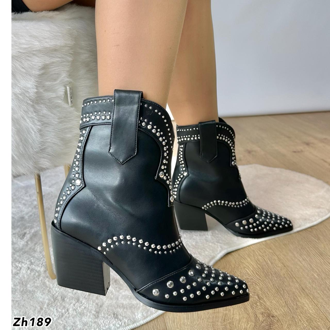Botin texano negro apliques plateado tacon 7cm HX3108-B9563